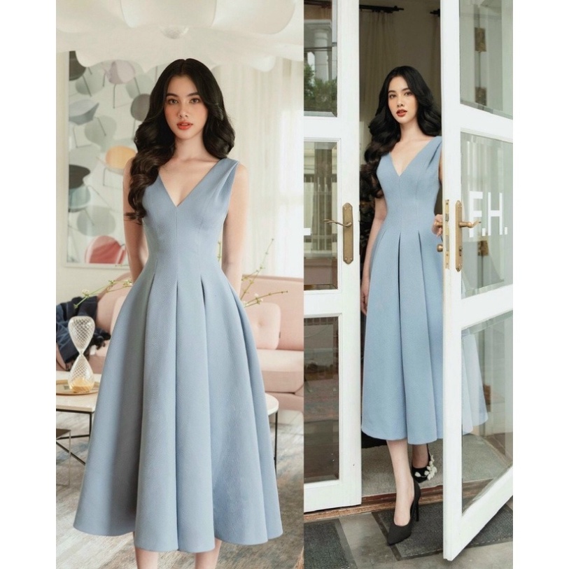 Đầm váy midi xoè dài sát nách cổ V phối túi xếp ly xanh navy chất tuyết mưa cao cấp dự tiệc dạ hội đi biển bigsize