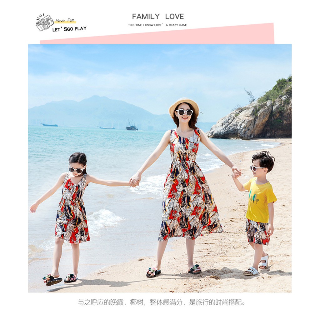 Đầm Đi Biển Không Tay In Họa Tiết Thời Trang Hàn Quốc Dành Cho Mẹ Và Bé