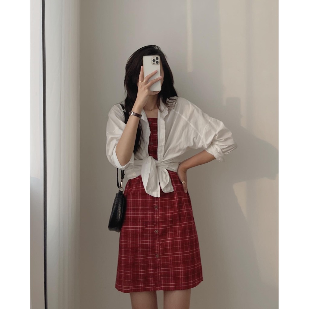 [CÓ VIDEO & HÌNH THẬT]Váy Hai Dây Kẻ Ô Quảng Châu Ulzzang Hàn Quốc Cực Xinh Giá Rẻ- Hàng sẵn- Váy kẻ đỏ hở lưng