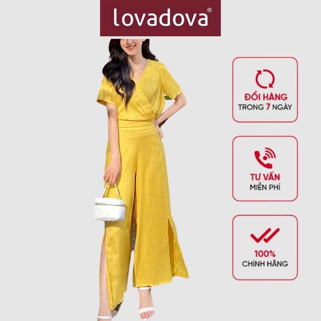 Set Đồ Nữ, Cách Điệu Ngực Đắp Chéo, Quần Xẻ Tà, Màu Vàng / Hồng - Lovadova 22O04C001