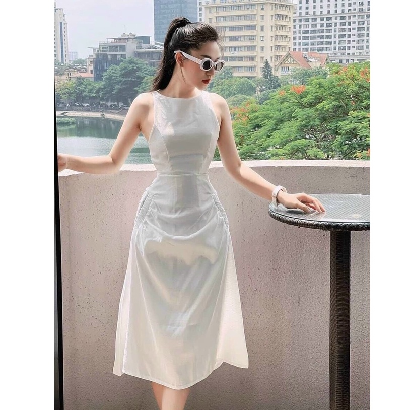 Đầm Cut Out Dáng  Xòe Dài Ôm Body Thiết Kế Túi Sườn Be 2 Bên Dự Tiệc Dạo Phố Sang Chảnh Thời Trang Váy Nư