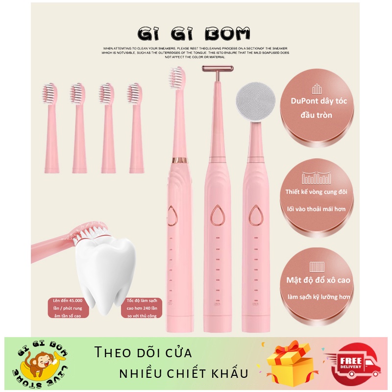 GiGiBomstoreBàn Chải Đánh Răng Điện Làm Trắng Siêu Âm Máy Mát Xa Da Mặt 3Trong 1 Bàn Chải Làm Tặng 4 Đầu Bàn Chải