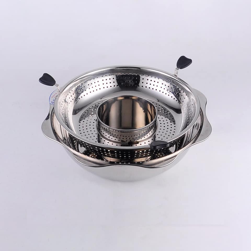 Nồi lẩu xoay inox 2 tầng Hàn Quốc size 32cm dùng được cho cả bếp ga và bếp từ