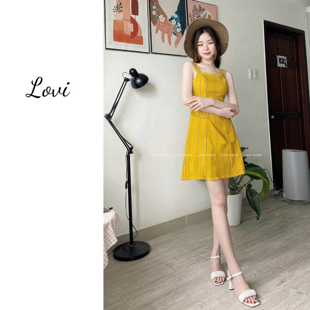 Đầm 2d kaki sọc 3 màu  Lovi
