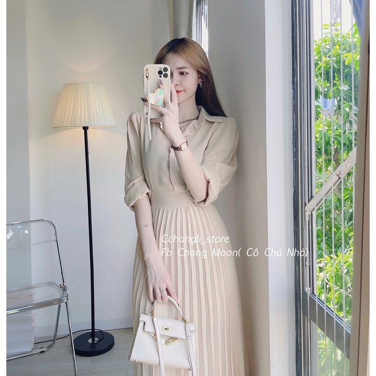 Váy Sơ Mi Xếp Kem Nude Không Bai Không Phai Không Nhăn, Váy Thiết Kế Phù Hợp Với Công Sở, Dự Tiệc | BigBuy360 - bigbuy360.vn