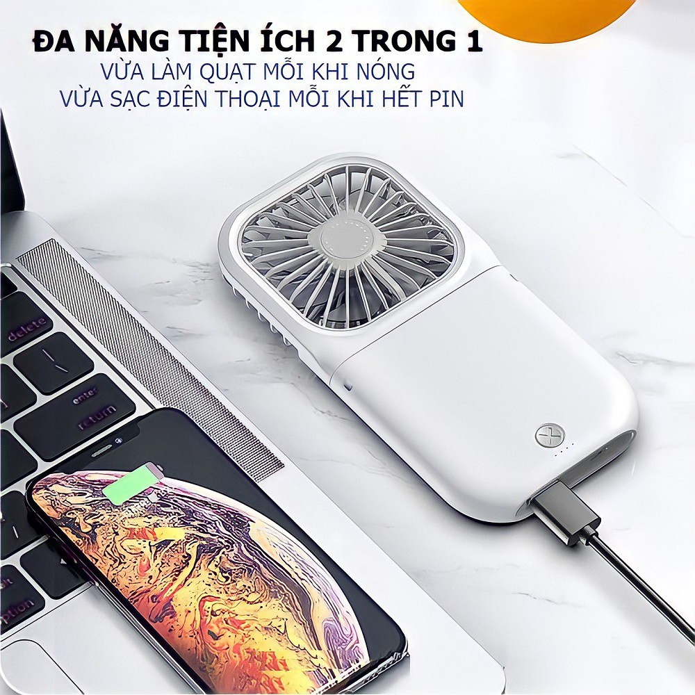 Quạt mini cầm tay đeo cổ kèm sạc dự phòng tích điện để bàn cute cao cấp ✅