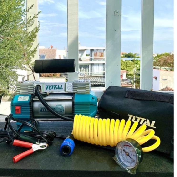 Máy bơm hơi lốp xe ô tô TOTAL TTAC2506 thiết bị nén khí mini áp suất tối đa 120 psi, kèm theo 3 đèn LED và pin kẹp