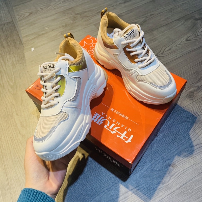 Giày thể thao độn đế nữ sneaker trắng pha nâu fullbox
