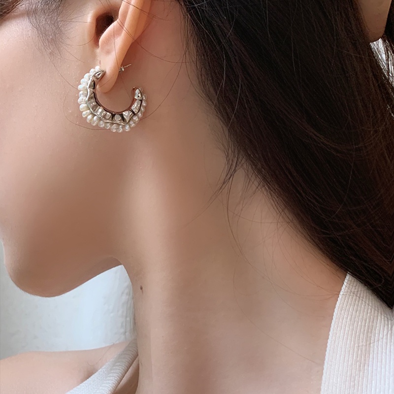 Bông Tai Hình Chữ C Bằng Bạc Đính Ngọc Trai Phong Cách Âu Mỹ Cổ Điển Thời Trang Cho Nữ