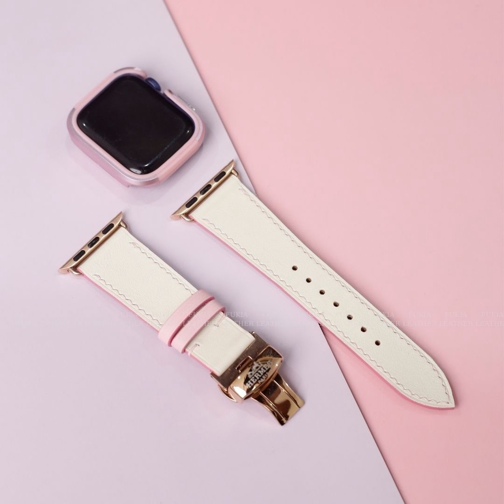 Dây da thủ công Swift Trắng Viền Hồng dành cho Apple Watch, đồng hồ thông minh, đồng hồ cơ