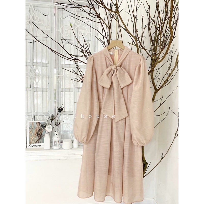 Có sẵn | Đầm tiểu thư tơ organza dáng xoè cổ nơ