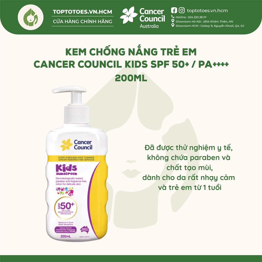 Kem chống nắng Trẻ em Cancer Council Kids SPF 50+/ PA ++++