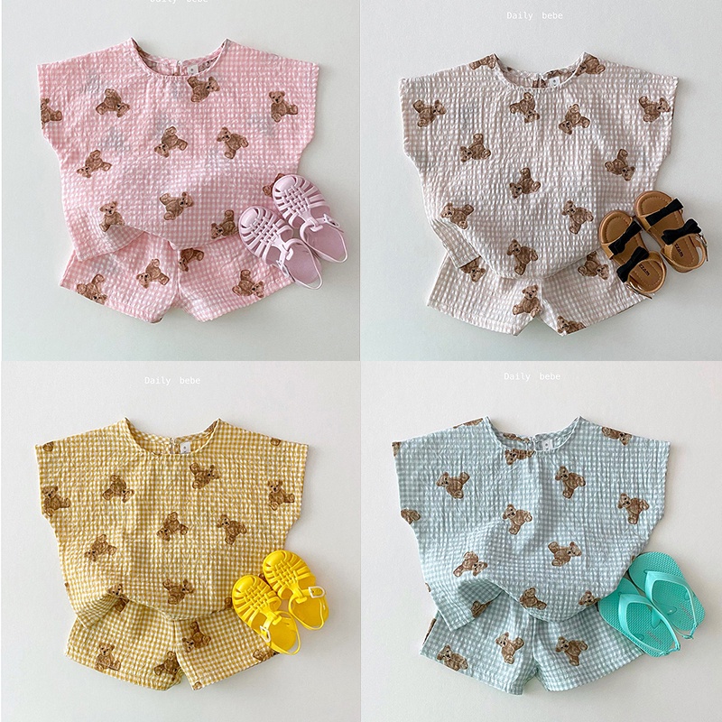 Bộ đồ áo thun không tay + quần short in họa tiết gấu dễ thương thời trang mùa hè dành cho bé trai gái sơ sinh