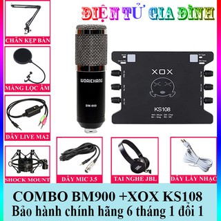 COMBO Bộ Mic Livestream Hát Karaoke WOAICHANG BM900, Dây Live XOX Ks108, Chân Kẹp Míc, Màng Lọc Âm BH 6 Tháng