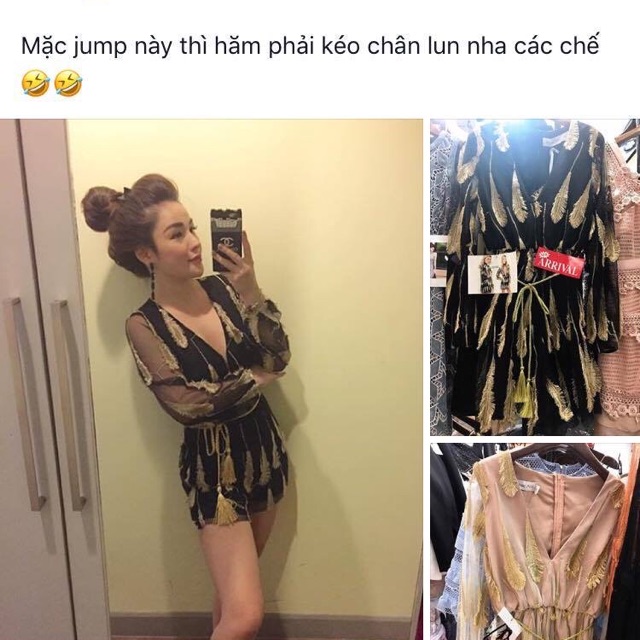Jumpsuit hoạ tiết lông vũ kèm belt tua rua