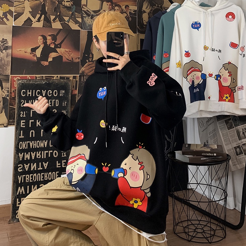 Áo hoodie dáng rộng in họa tiết hoạt hình phong cách hàn quốc thời trang cho nam