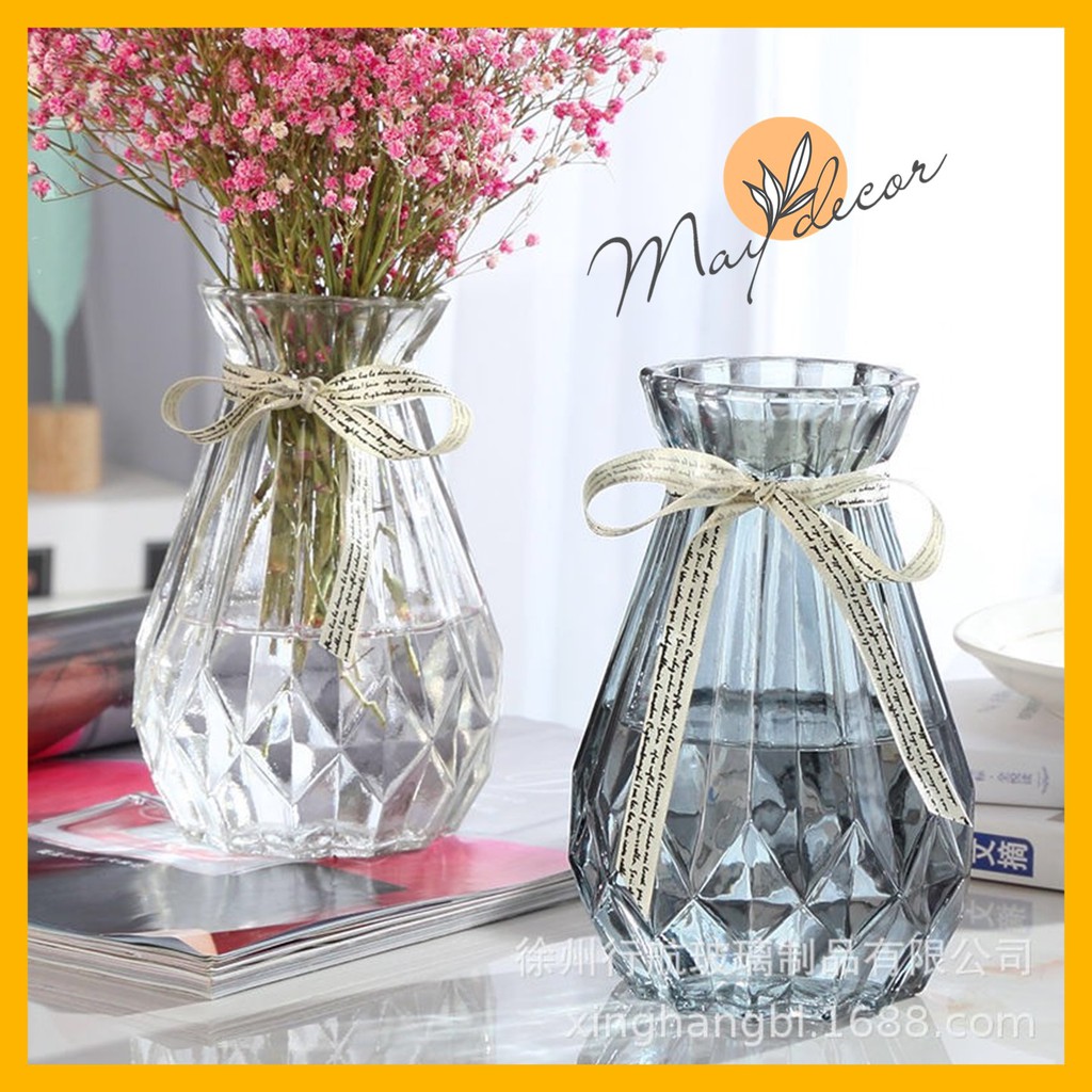 Lọ hoa thuỷ tinh đa giác tặng kèm nơ Maydecor bình hoa cao cấp cổ nhỏ