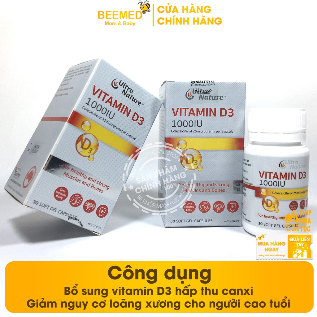 Vitamin D3 1000IU Ultra Nature - Giúp chắc khỏe xương, Tăng cường miễn dịch thêm vitamin E, Dầu đậu nành - Hộp 30 viên