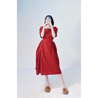 Đầm midi sọc xoè day cột xoắn eo tay phồng