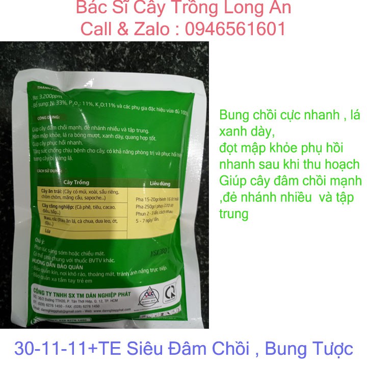 Phân bón lá 33-11-11+TE.Siêu Đâm Chồi - Bung Tược .Dùng cho lúa,cây ăn trái ,cây công nghiệp, rau củ ..Gói 250g