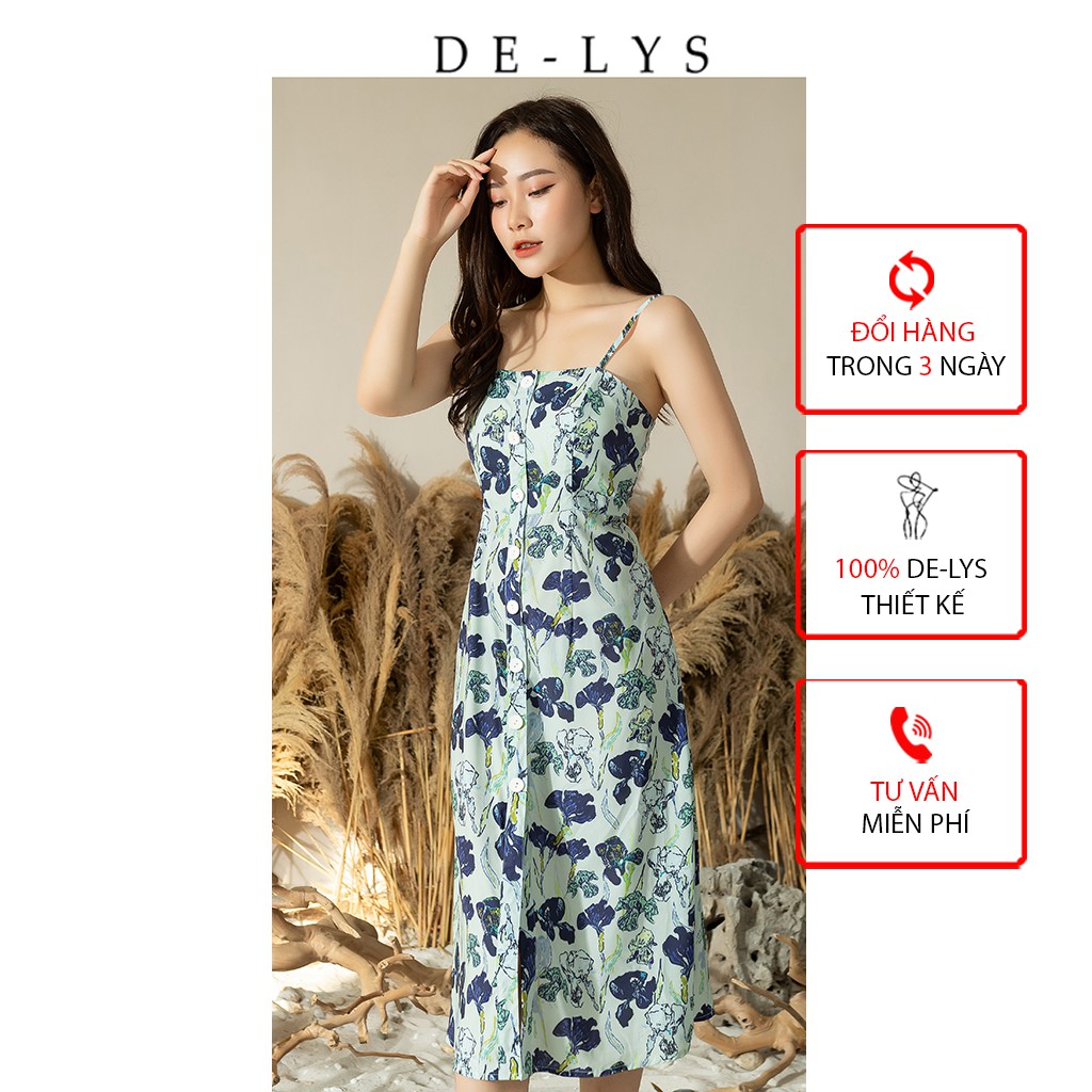 Váy thiết kế cao cấp Delys đầm thiết kế dự tiệc 2 dây xẻ tà họa tiết hoa xanh sang chảnh