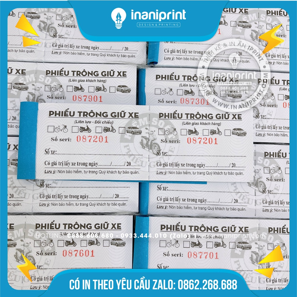 Phiếu giữ xe in sẳn, thẻ giữ xe có in sẳn số nhảy, Phiếu giữ xe gắn máy, Phiếu giữ xe Oto - Size: 15x5cm - Có số nhảy