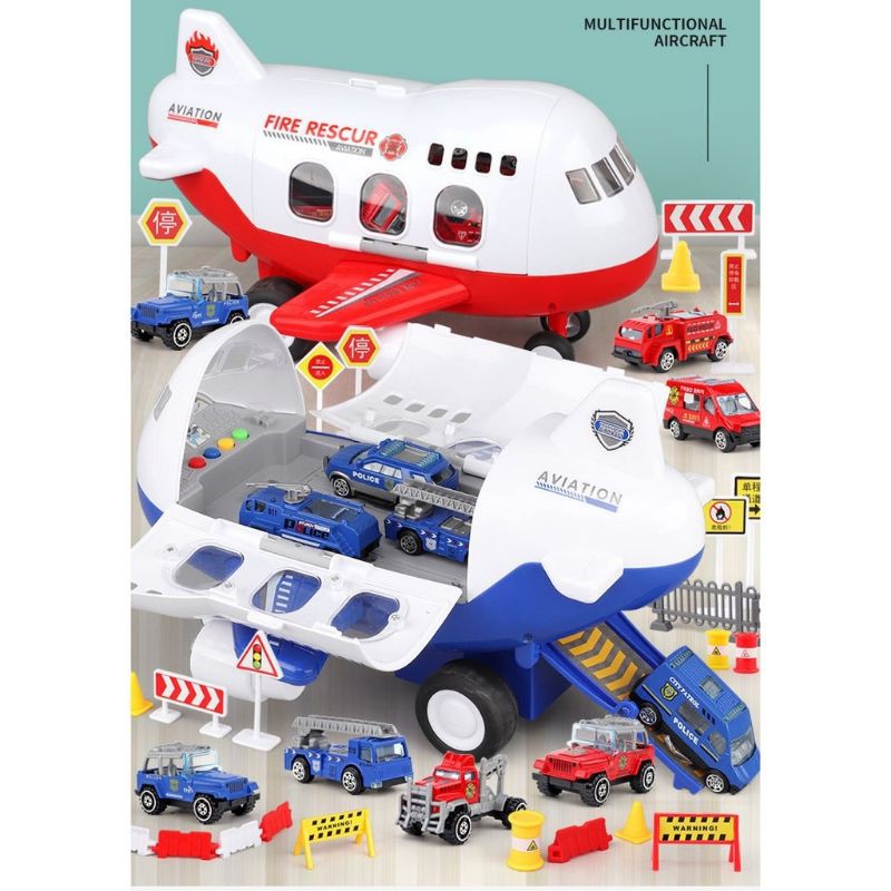 Máy bay chở xe ô tô đồ chơi, máng trượt, có đèn, 6 xe mini bằng thép, phụ tùng các loại