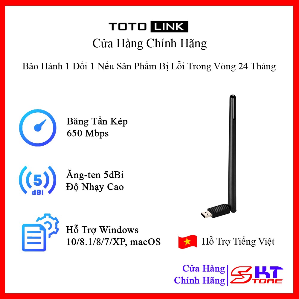 USB Thu Sóng Wifi MU-MIMO Totolink A650UA Băng Tần Kép Chuẩn AC Tốc Độ 650Mbps - Hàng Chính Hãng