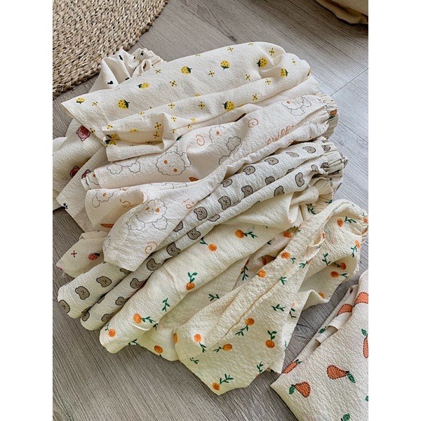 [HÀNG SẴN] BỘ ĐỒ PIJAMA CỘC TAY CHẤT ĐŨI XỐP KÈM BUỘC TÓC SCRUNCHIES SIÊU ĐÁNG YÊU