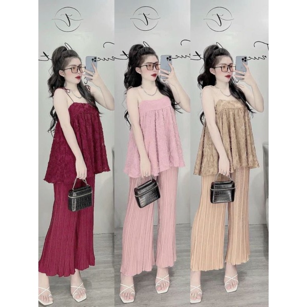 Set Áo Voan Lông Vũ Babydoll Hai Dây Cột Nơ Và Quần Dài Dập Ly Ống Suông - Form Rộng Thoải Mái - Tiểu Thư Bánh Bèo Cute