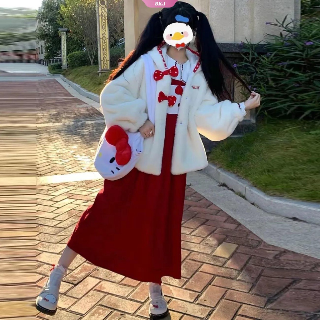 SANRIO Áo Khoác Cardigan Có Nón Vải Bông Dày Dặn Họa Tiết Mèo Hello Kitty Y2k Nhật Bản Dễ Thương Cho Nữ