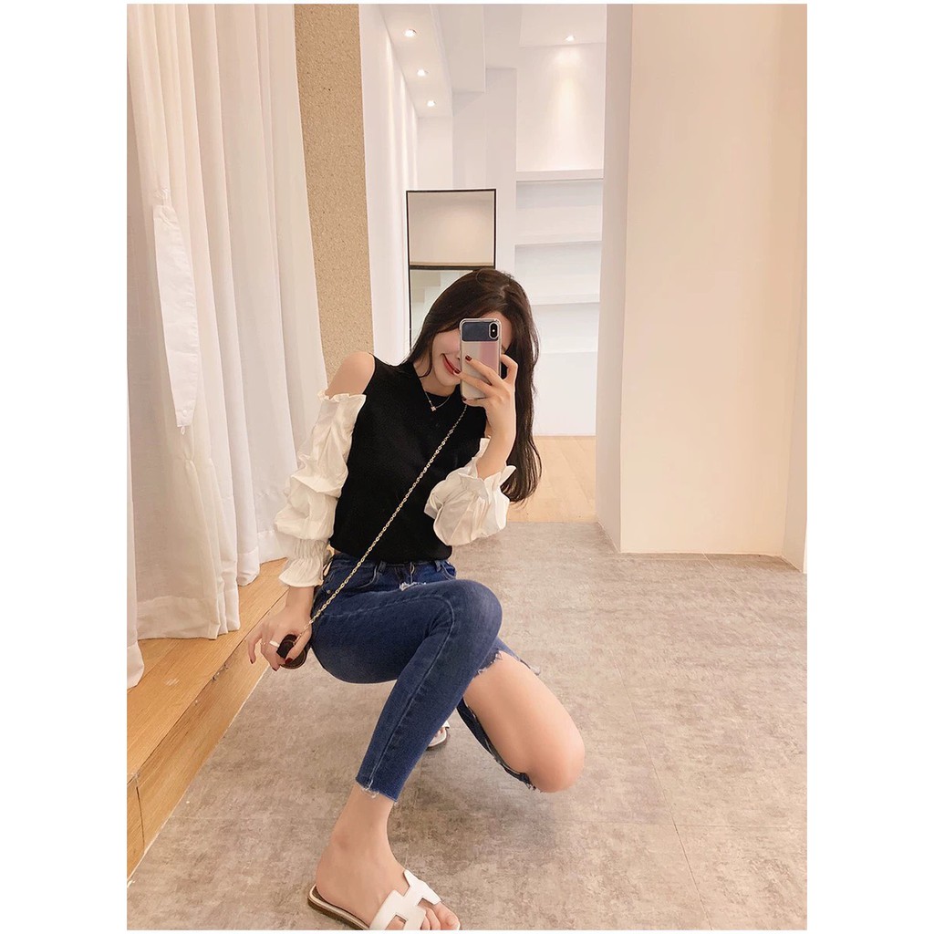 Áo thun kiểu khoét vai phối tay phồng, phong cách mới trẻ trung tươi tắn hàng đẹp mà giá rẻ tại Thời Trang VADA - AT0079 | BigBuy360 - bigbuy360.vn