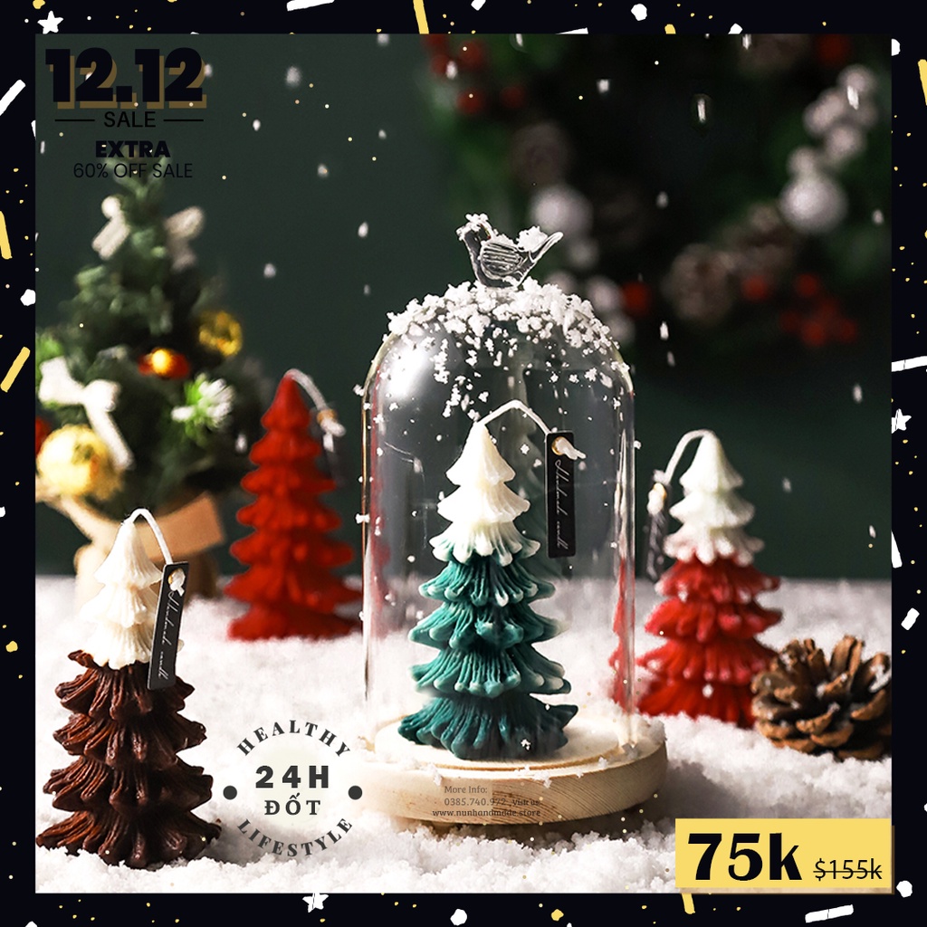 Nến Thơm Cây Thông Noel Quà Tặng Giáng Sinh/Sinh Nhật - Mùi Hương Giáng Sinh [TẶNG KÈM ĐẾ GỖ]