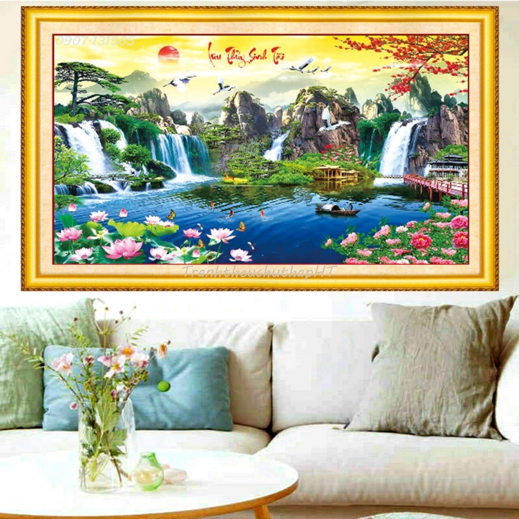 Tranh thêu chữ thập Phong cảnh lưu thủy sinh tài LV3020 (100*55cm: thêu kín), LV3021 (132*70cm: 3D) - tự thêu