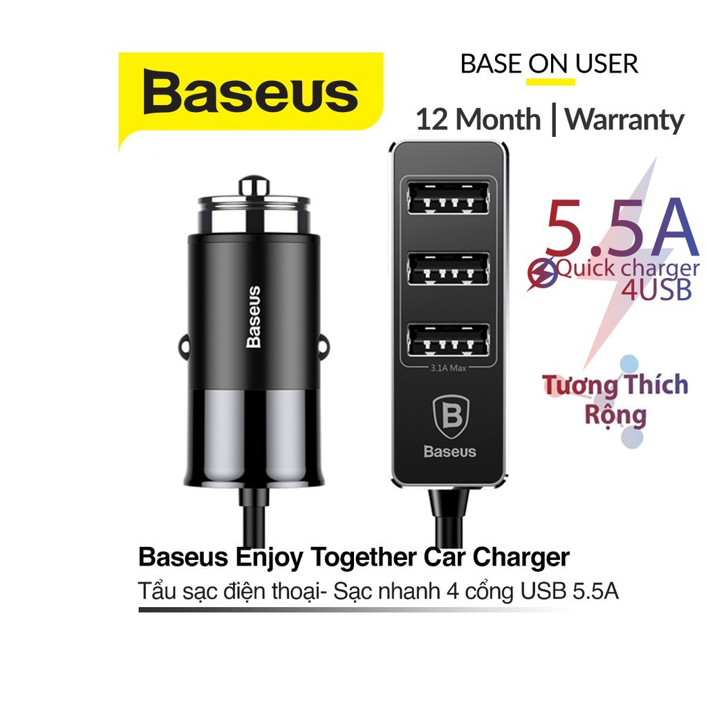 Tẩu sạc xe hơi Baseus Enjoy Together Car Charger sạc nhanh 5.5A chất liệu Nhôm + TPE trang bị 4 cổng Usb