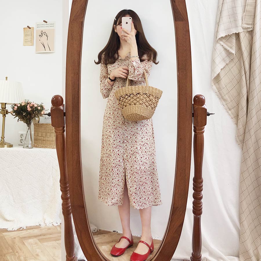 Đầm Chiffon Tay Dài Chiết Eo In Hoa 29890 Thời Trang Cho Nữ