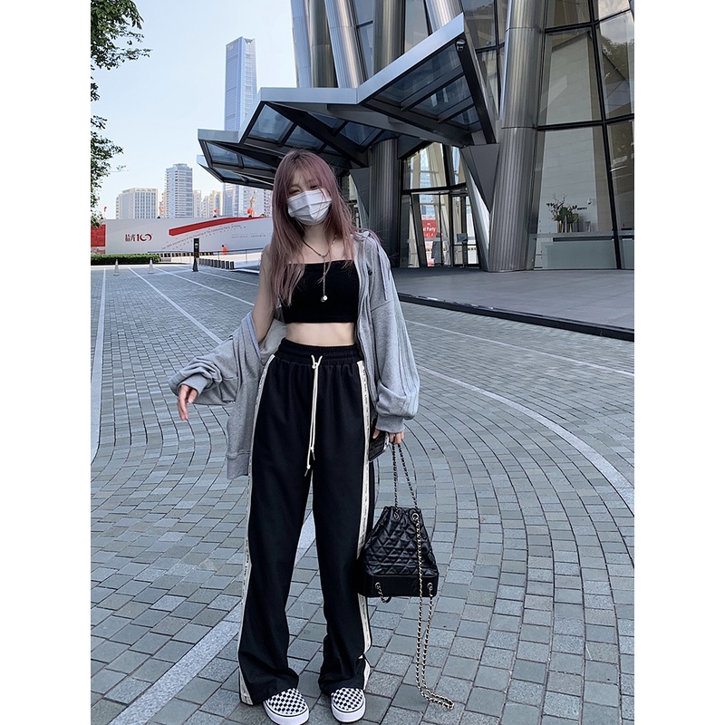 Quần thể thao ống rộng lưng cao phối dây rút phong cách Hàn Quốc cổ điển thời trang cho nữ 2 màu tùy chọn