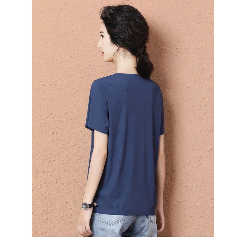 Áo Thun Tay Ngắn Cổ Chữ V Màu Sắc Đơn Giản Chất Lụa Lạnh Thời Trang Cho Phụ Nữ Trung Niên
