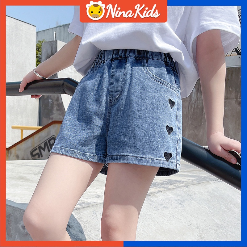 Quần short jean  thêu họa tiết trái tim xinh xắn thời trang cho bé gái từ 3 - 11 tuổi