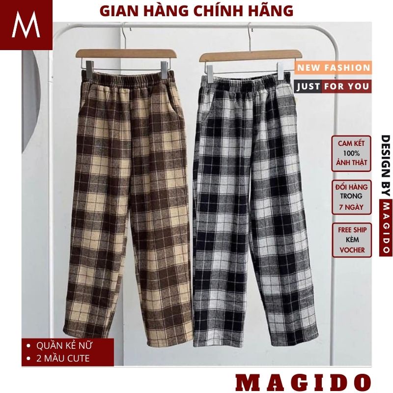 Quần Kẻ Sọc Caro Nâu Dáng Suông 💚 Quần Ống Rộng Kẻ Caro Phong Cách Hàn Quốc, ULZZANG MAGIDO