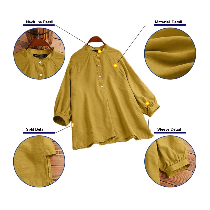 Áo kiểu Zanzea màu trơn cổ đứng tay lửng 3/4 thoải mái cho nữ