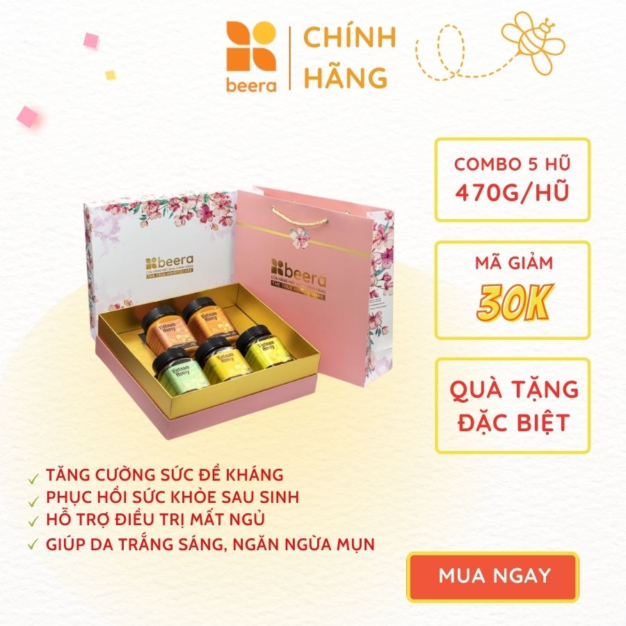 Hộp Quà 5 loại Mật ong Vietnamhoney Beera quà tặng sức khỏe (5 lọ x470g)