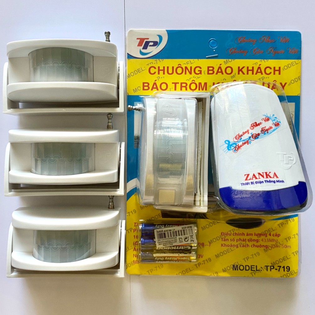 Chuông báo khách [Trắng] TP-719-II kết hợp báo trộm cảm ứng hồng ngoại chuyển động [TẶNG KÈM PIN]