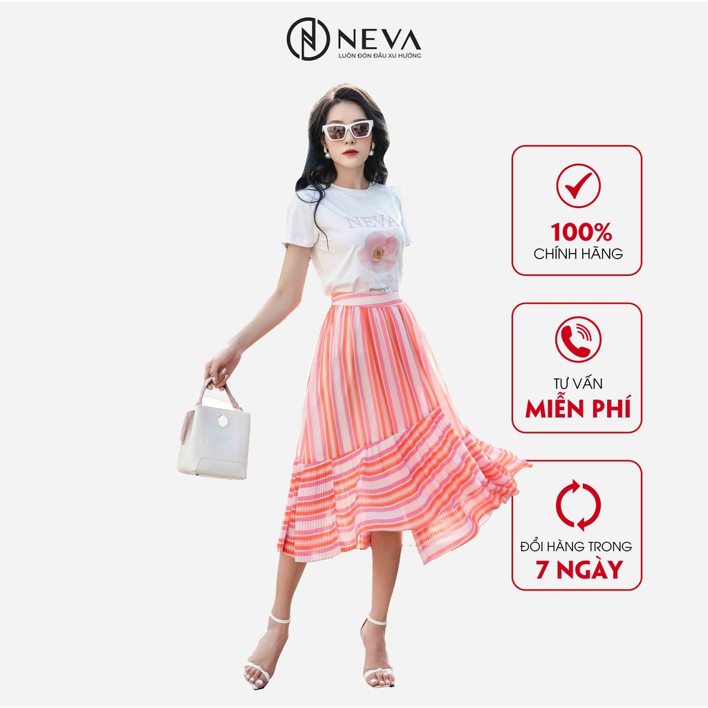 Chân Váy Xòe NEVA Vạt Lệch In Kẻ Sọc Cam W320304