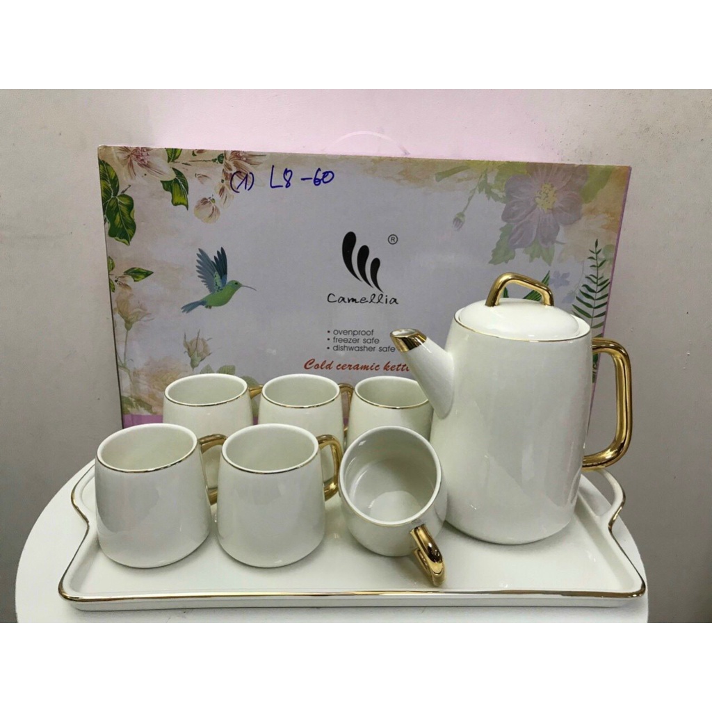 Bộ ấm chén sứ trắng quai viền vàng Y4-10/SL-1