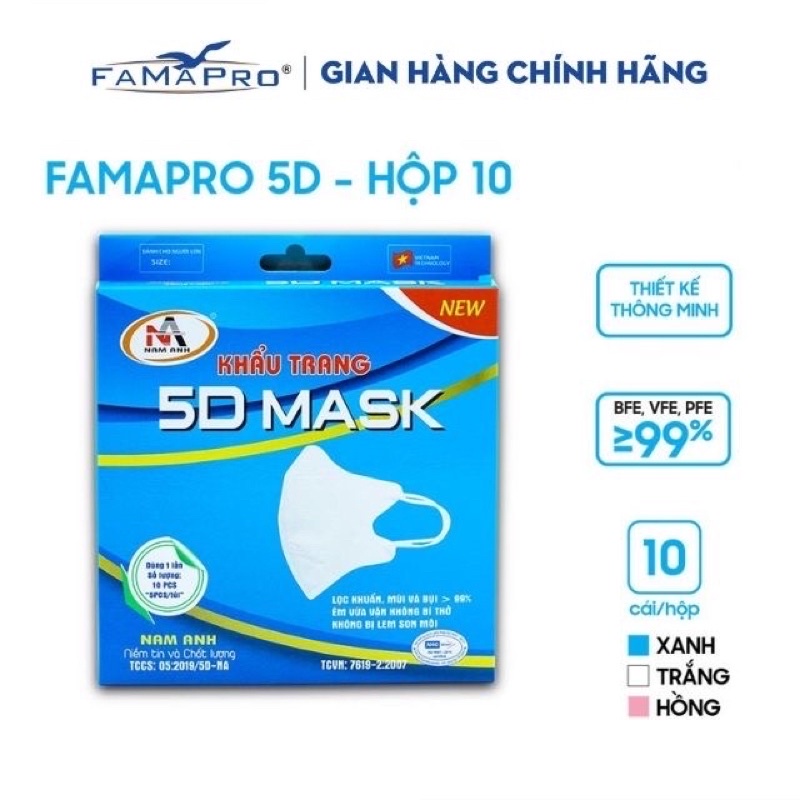 Khẩu trang 5D Màu Trắng Famapro thuộc công ty Nam Anh hộp 10 chiếc dày 3 lớp vải không dệt