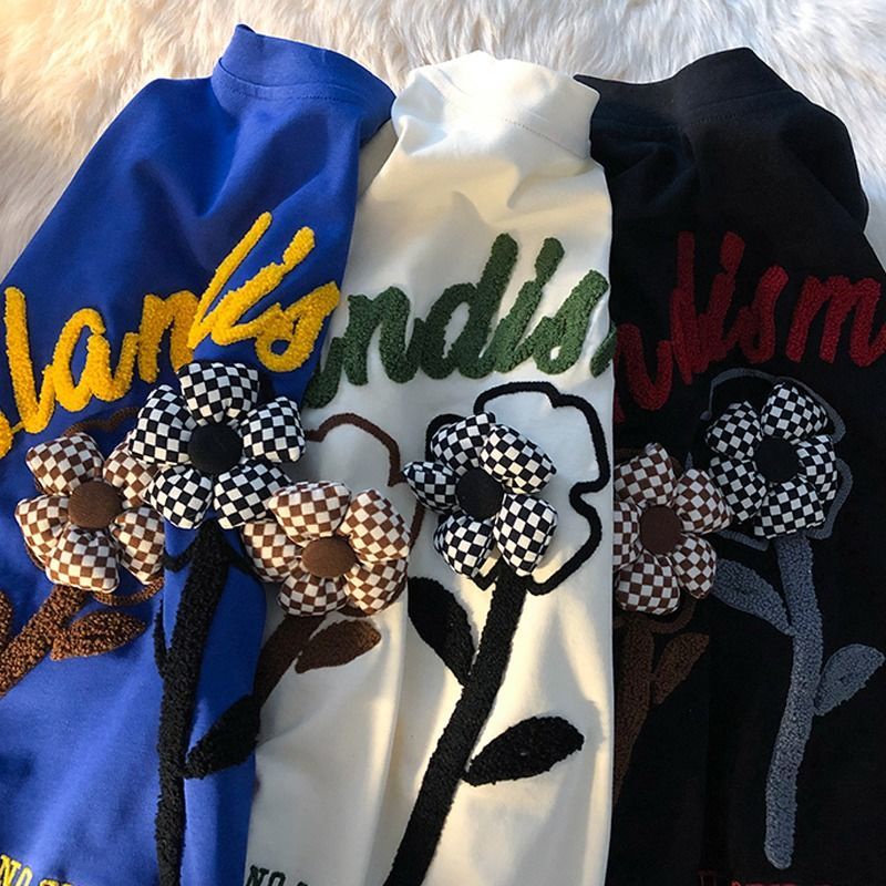 Áo Thun Ngắn Tay Thêu Họa Tiết Hoa Phong Cách Hàn Quốc Dành Cho Nữ