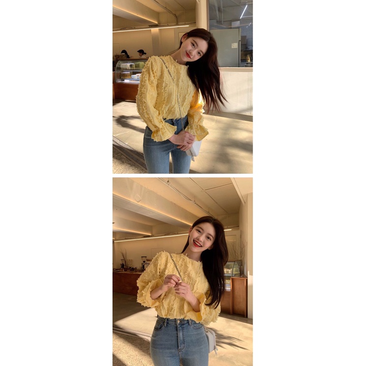 Áo Kiểu Tay Dài Cổ Tròn Màu Vàng Sang Trọng Thiết Kế Mới Mùa Xuân Cho Nữ 2022