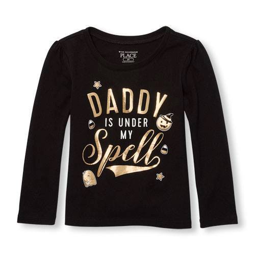 Áo bé gái tay dài hiệu PLace hàng VNXK, màu đen, in chữ "Daddy is under my spell"