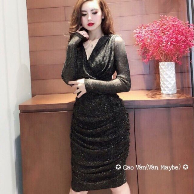 Đầm dự tiệc body nhũ kim tuyến (SizeS-M-L-XL) thiết kế cổ đắp chéo nhúng thân Cao Cấp rẻ đẹp | BigBuy360 - bigbuy360.vn